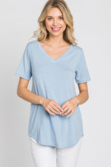 Blue V-Neck Short Sleeve Round Hem Top