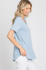 Blue V-Neck Short Sleeve Round Hem Top