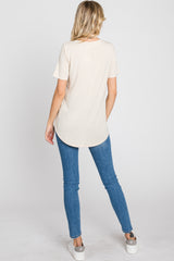 Taupe V-Neck Short Sleeve Round Hem Top