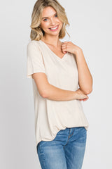 Taupe V-Neck Short Sleeve Round Hem Top