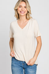 Taupe V-Neck Short Sleeve Round Hem Top