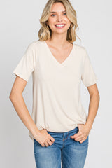 Taupe V-Neck Short Sleeve Round Hem Top