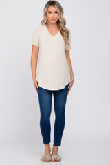 Taupe V-Neck Maternity Short Sleeve Round Hem Top