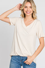 Taupe V-Neck Short Sleeve Round Hem Top