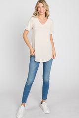 Taupe V-Neck Short Sleeve Round Hem Top