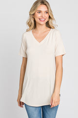 Taupe V-Neck Short Sleeve Round Hem Top