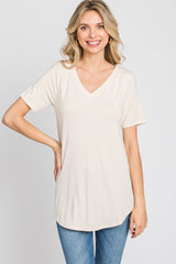 Taupe V-Neck Short Sleeve Round Hem Top