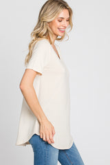 Taupe V-Neck Short Sleeve Round Hem Top