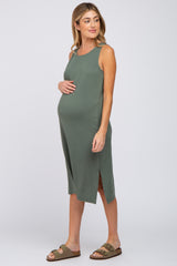 Olive Sleeveless Maternity Midi Dress