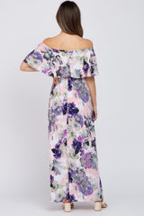 Purple Floral Ruffle Off Shoulder Maternity Maxi Dress