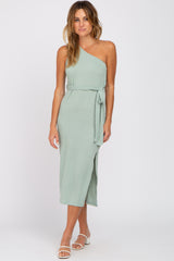 Mint Green Ribbed One Shoulder Side Slit Midi Dress