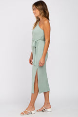 Mint Green Ribbed One Shoulder Side Slit Midi Dress