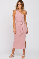 Mauve Ribbed One Shoulder Side Slit Maternity Midi Dress