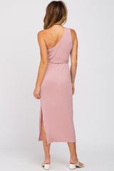 Mauve Ribbed One Shoulder Side Slit Midi Dress