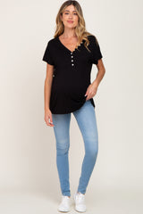 Black Button V-Neck Maternity Short Sleeve Top