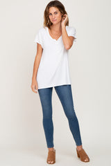 Ivory Button V-Neck Short Sleeve Top