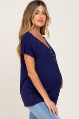 Navy Blue Button V-Neck Maternity Short Sleeve Top