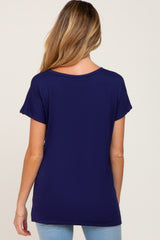 Navy Blue Button V-Neck Maternity Short Sleeve Top