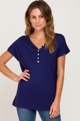 Navy Blue Button V-Neck Maternity Short Sleeve Top