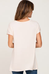 Beige Button V-Neck Short Sleeve Top