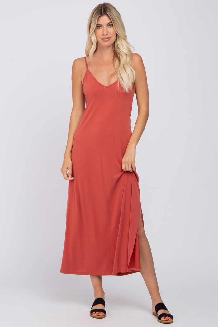 Rust V-Neck Criss Cross Back Side Slit Midi Dress