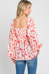 Red Floral Cutout Front Long Sleeve Blouse