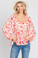 Red Floral Cutout Front Long Sleeve Blouse