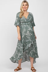 Green Leaf Print Hi-Low Wrap Maternity Midi Dress