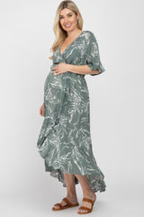 Green Leaf Print Hi-Low Wrap Maternity Midi Dress