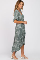 Green Leaf Print Hi-Low Wrap Midi Dress