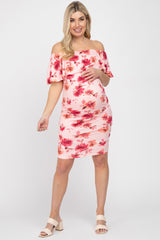 Pink Floral Off Shoulder Maternity Fitted Dress