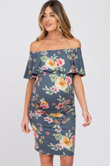 Teal Floral Off Shoulder Maternity Fitted Dress