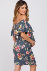 Teal Floral Off Shoulder Maternity Fitted Dress