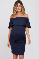 Navy Blue Off Shoulder Fitted Maternity Dress