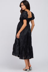 Black Textured Floral Puff Sleeve Maternity Dress