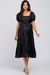 Black Textured Floral Puff Sleeve Maternity Dress