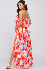 Pink Floral Flounce Strapless Maternity Maxi Dress