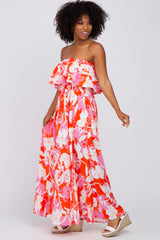 Pink Floral Flounce Strapless Maxi Dress