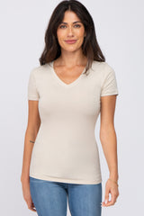 Beige V-Neck Short Sleeve Top