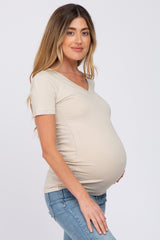 Beige V-Neck Short Sleeve Maternity Top