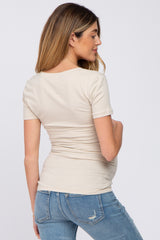 Beige V-Neck Short Sleeve Maternity Top