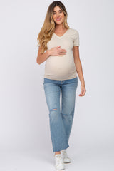 Beige V-Neck Short Sleeve Maternity Top