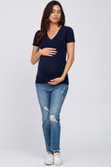 Navy Blue V-Neck Short Sleeve Maternity Top