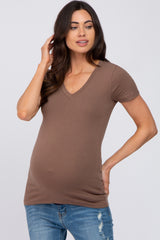 Mocha V-Neck Short Sleeve Maternity Top