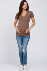 Mocha V-Neck Short Sleeve Maternity Top