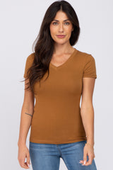 Camel V-Neck Short Sleeve Maternity Top