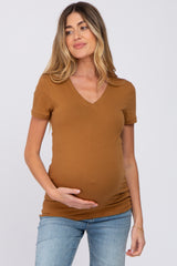 Camel V-Neck Short Sleeve Maternity Top