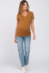 Camel V-Neck Short Sleeve Maternity Top