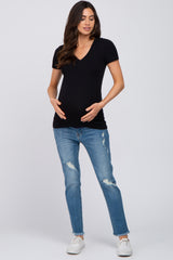 Black V-Neck Short Sleeve Maternity Top