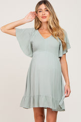 Sage Smocked Front Ruffle Hem Maternity Dress